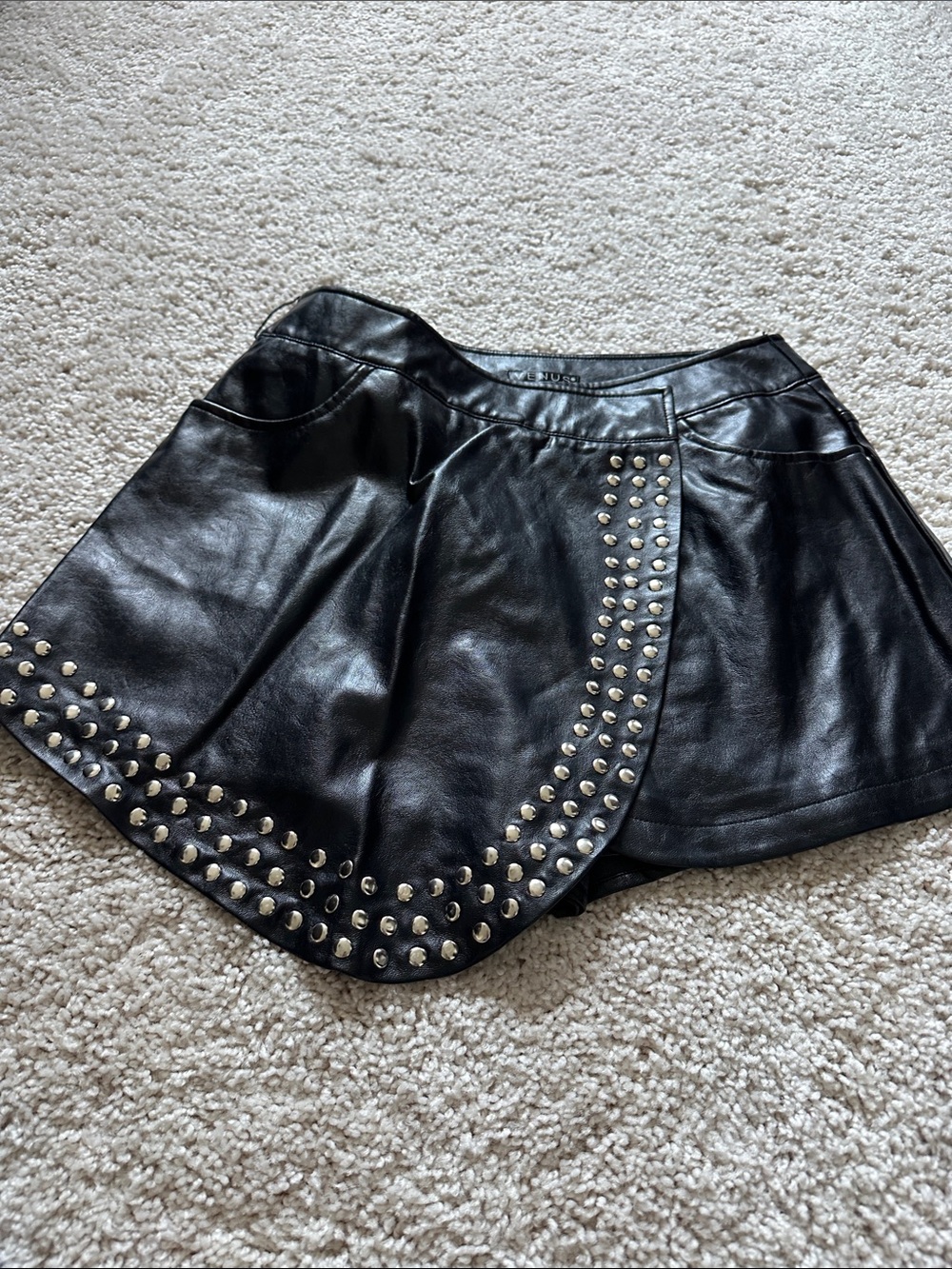 VENUS Black Faux Leather Skater Mini Skirt with Silver Studs
